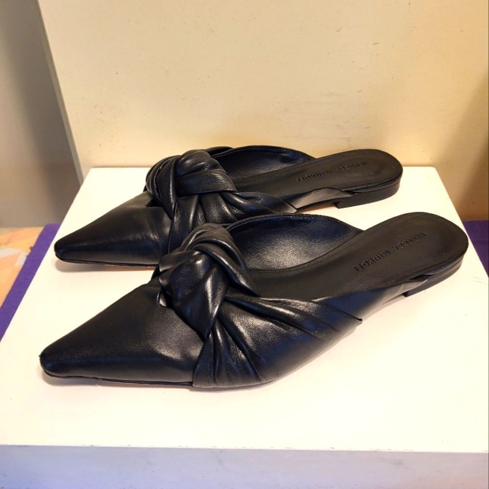 Rebecca Minkoff Coretta Black Leather Knot Front Pointy Flat Mules Sz.7 Ret$138